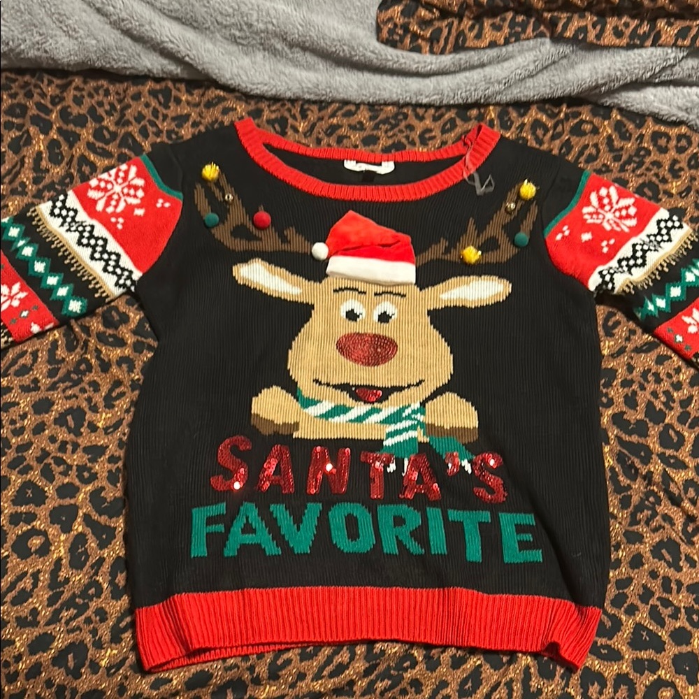 Red and Black Reindeer Christmas Sweater with Santa Hat